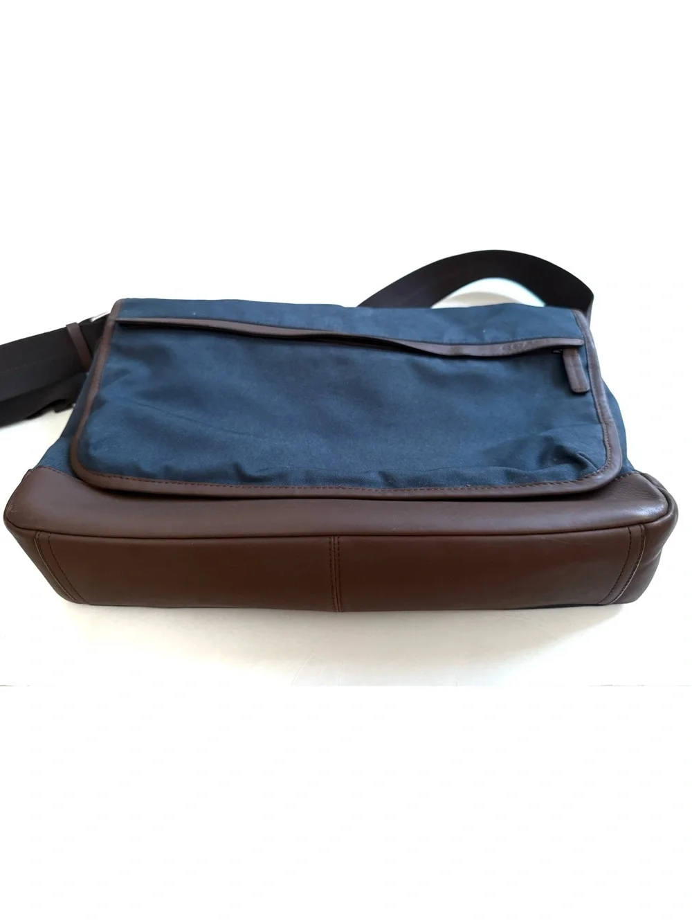 Coach Men's Navy Canvas Messenger Bag with Brown Leather Trim